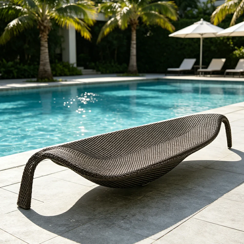 SOLARA Outdoor Rattan Sun Lounger - Leaf Shape, PE Wicker with Iron Frame for Poolside Patio - Brown - Image 5