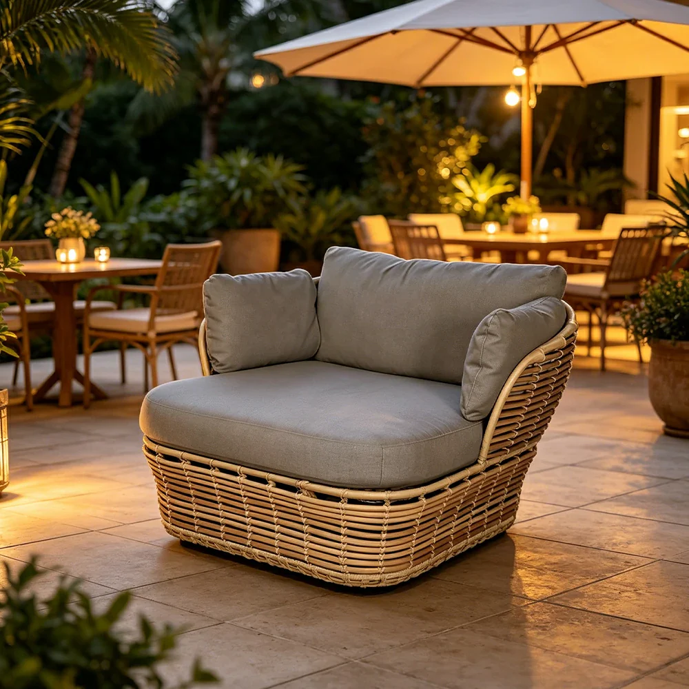 SOLARA Outdoor Rattan Single Sofa - PE Wicker, Water-Resistant Fabric, High-Density Foam - Yellow - Image 2