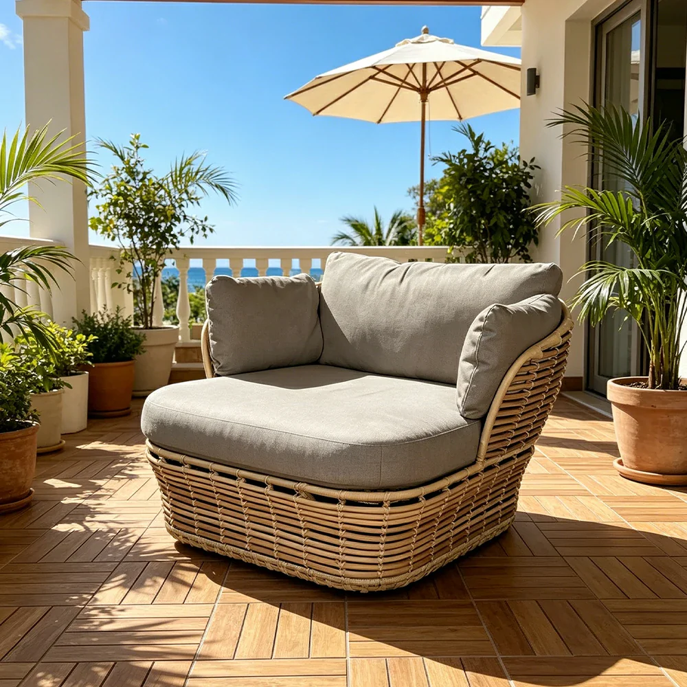 SOLARA Outdoor Rattan Single Sofa - PE Wicker, Water-Resistant Fabric, High-Density Foam - Yellow - Image 4