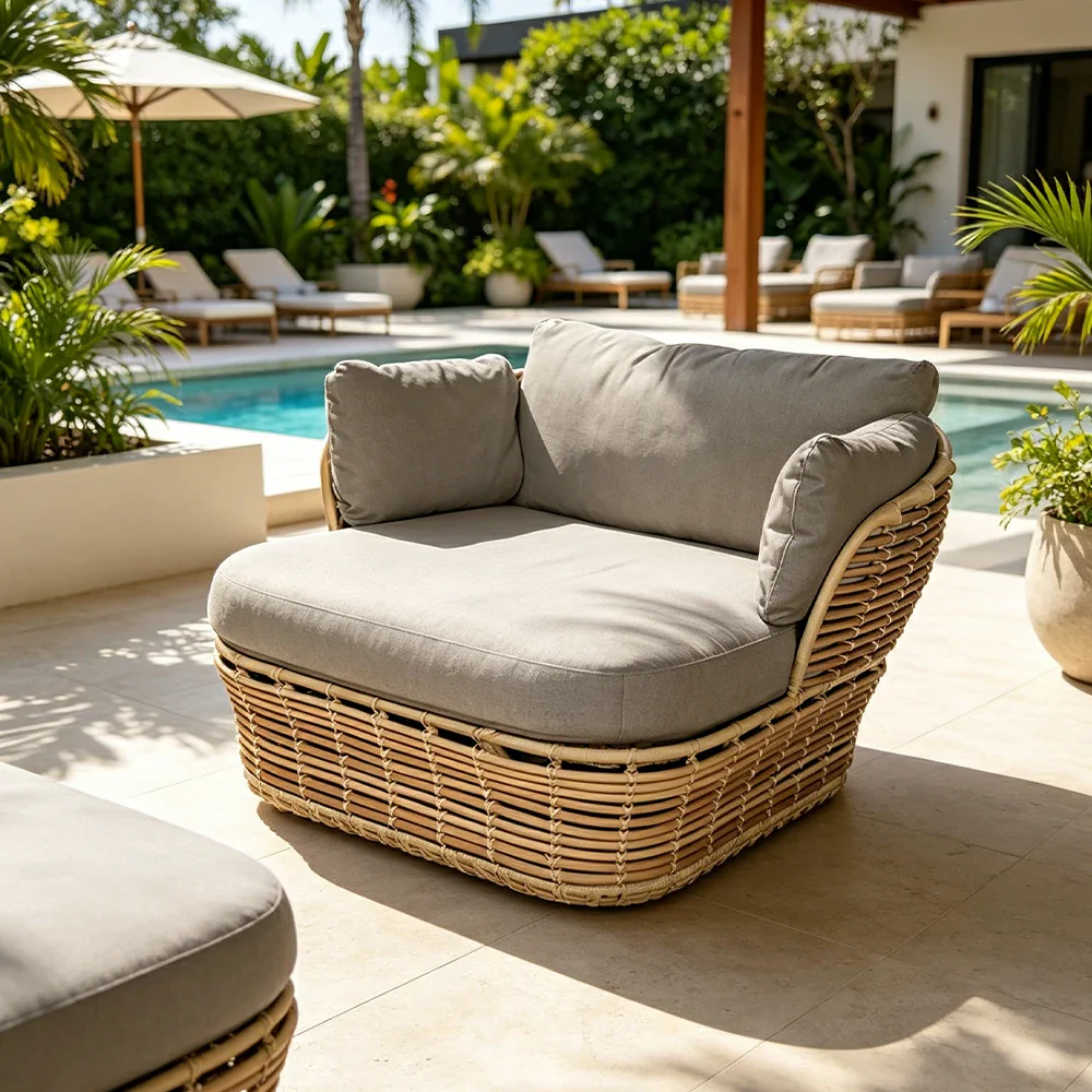 SOLARA Outdoor Rattan Single Sofa - PE Wicker, Water-Resistant Fabric, High-Density Foam - Yellow - Image 5