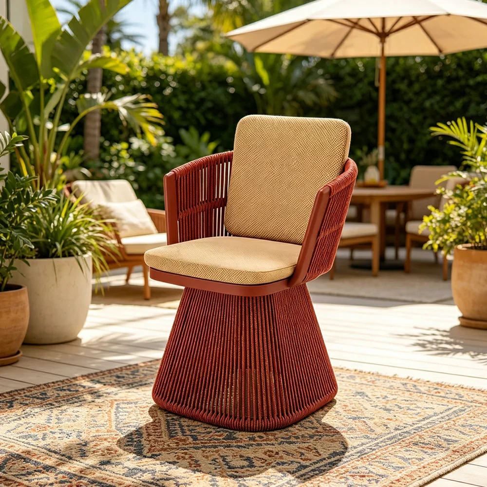SOLARA Outdoor Swivel Rattan Dining Chair - PE Wicker, Waterproof Fabric, High-Density Foam - Red - Image 2