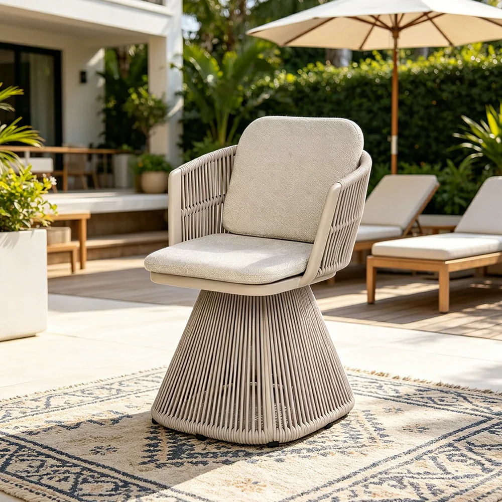 SOLARA Outdoor Swivel Rattan Dining Chair - PE Wicker, Waterproof Fabric, High-Density Foam - White - Image 5