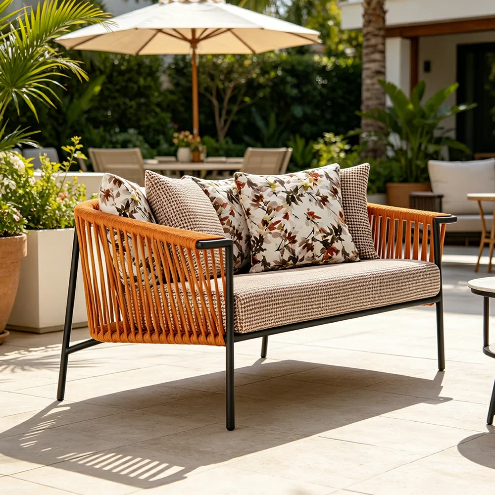 SOLARA Outdoor 2-Seater Rope Sofa - Aluminium Frame, Cushioned Seat for Patio Garden - Orange Red - Image 5