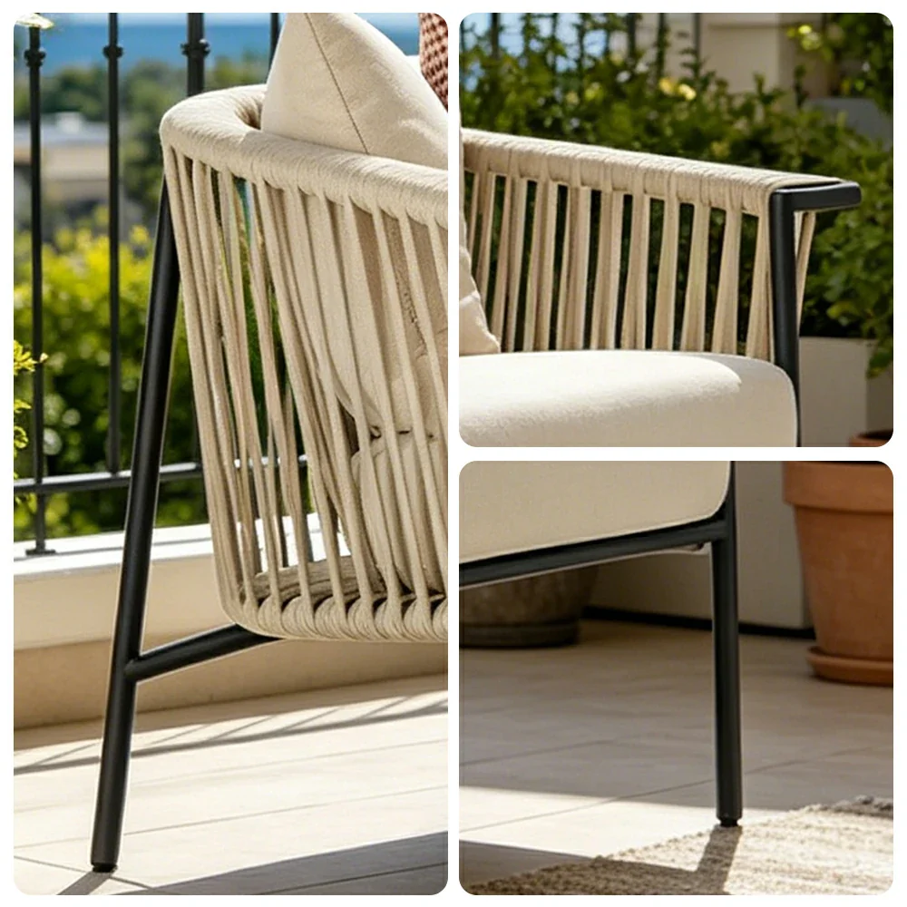 SOLARA Outdoor 2-Seater Rope Sofa - Aluminium Frame, Cushioned Seat for Patio Garden - Beige - Image 3