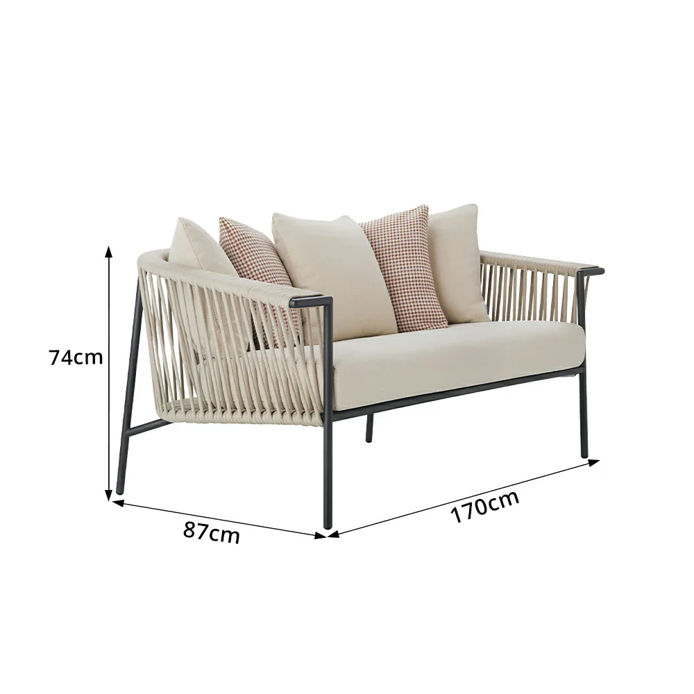 SOLARA Outdoor 2-Seater Rope Sofa - Aluminium Frame, Cushioned Seat for Patio Garden - Beige - Image 7
