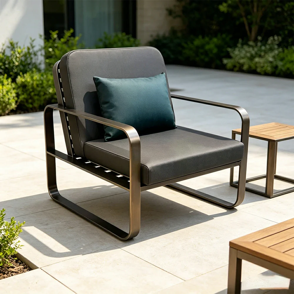 SOLARA Outdoor Single Sofa Chair - Stainless Steel Frame, Waterproof Yacht Leather for Patio Garden - Black - Image 2