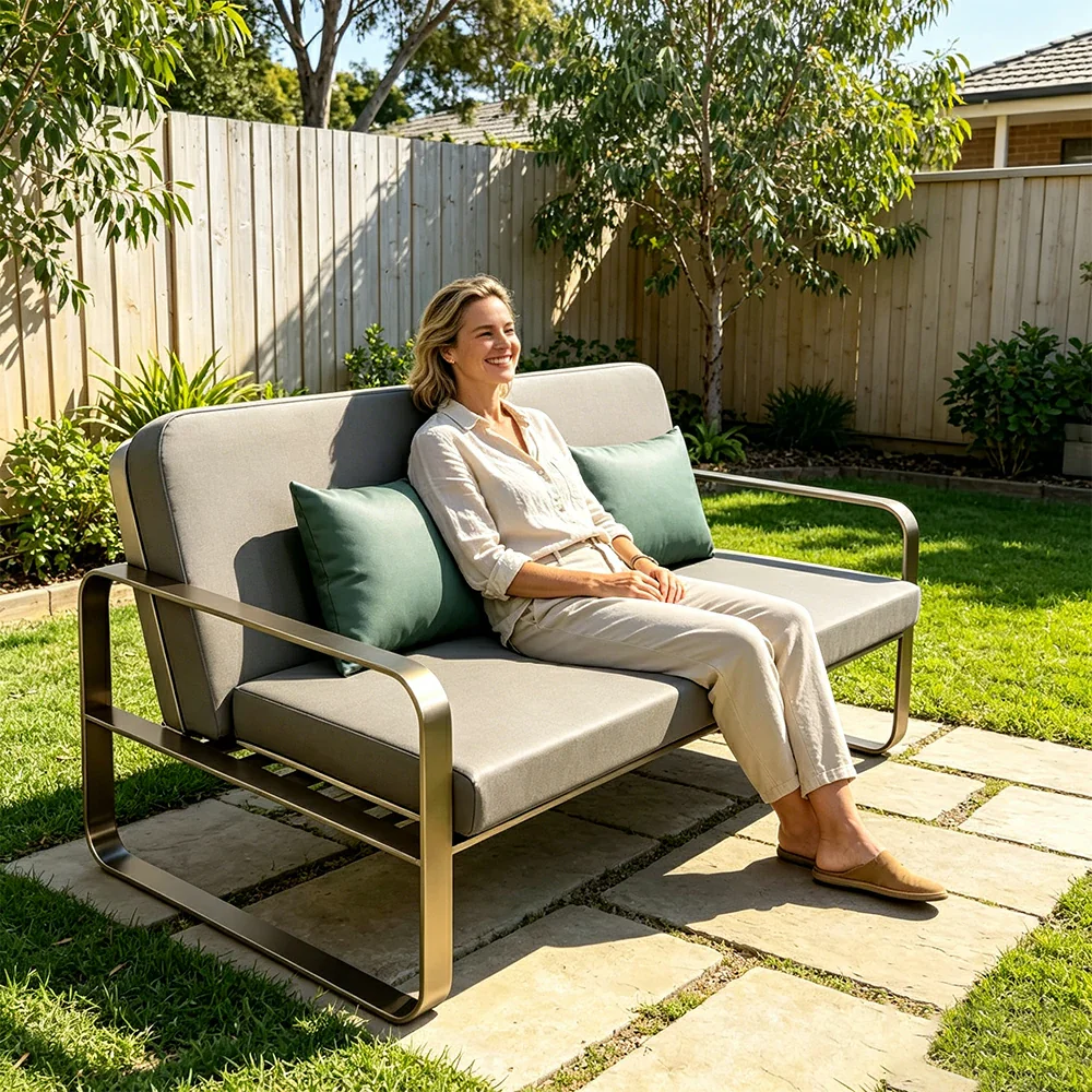 SOLARA Outdoor 2-Seater Sofa - Stainless Steel Frame, Waterproof Yacht Leather for Patio Garden - Black - Image 6