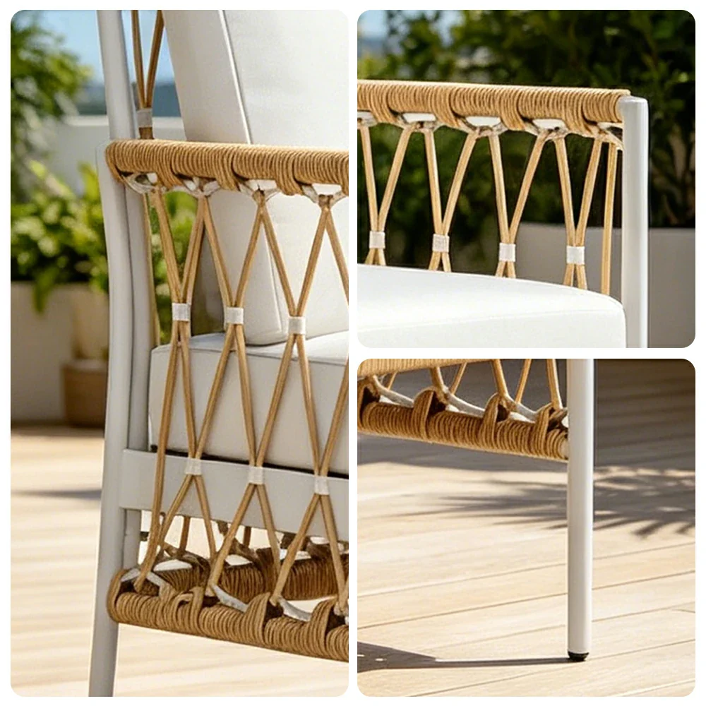 SOLARA Outdoor Rope Dining Chair - Aluminium Frame, Cushioned Seat for Patio Garden - White & Beige - Image 3