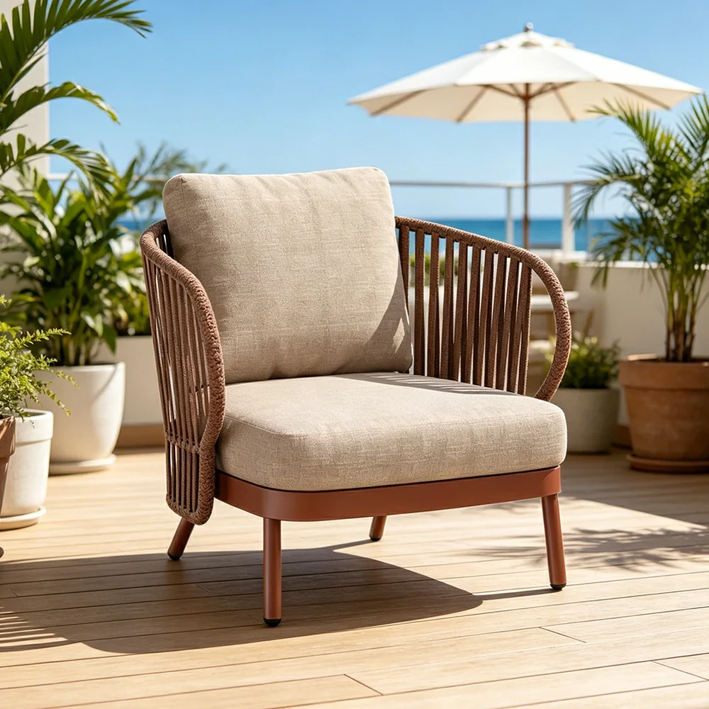 SOLARA Outdoor Rope Lounge Chair - Aluminium Frame, Cushioned Seat for Patio Balcony - Brown - Image 2