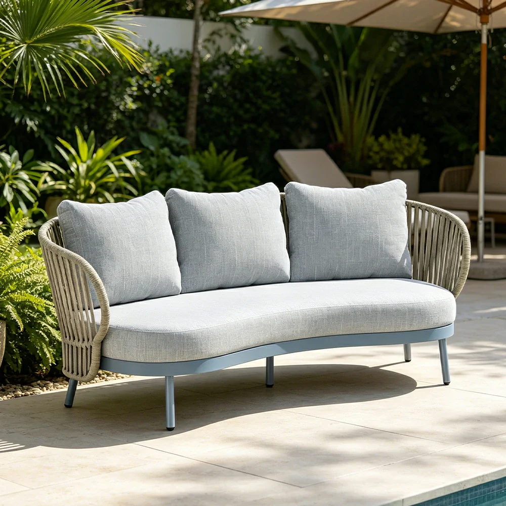 SOLARA Outdoor 2-Seater Rope Sofa with Aluminium Frame and Cushioned Seat - Blue - Image 5