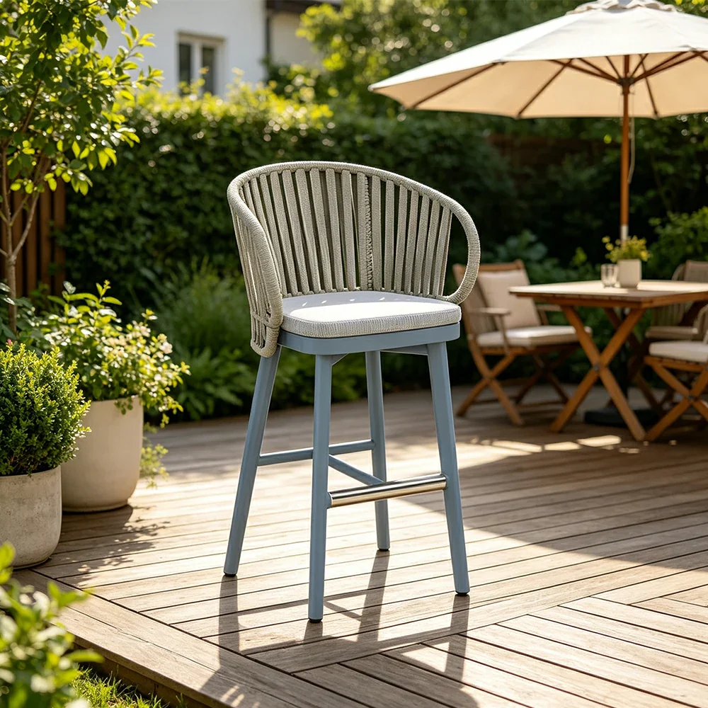 SOLARA Outdoor Rope Bar Stool with Aluminium Frame and Cushioned Seat - Blue - Image 5