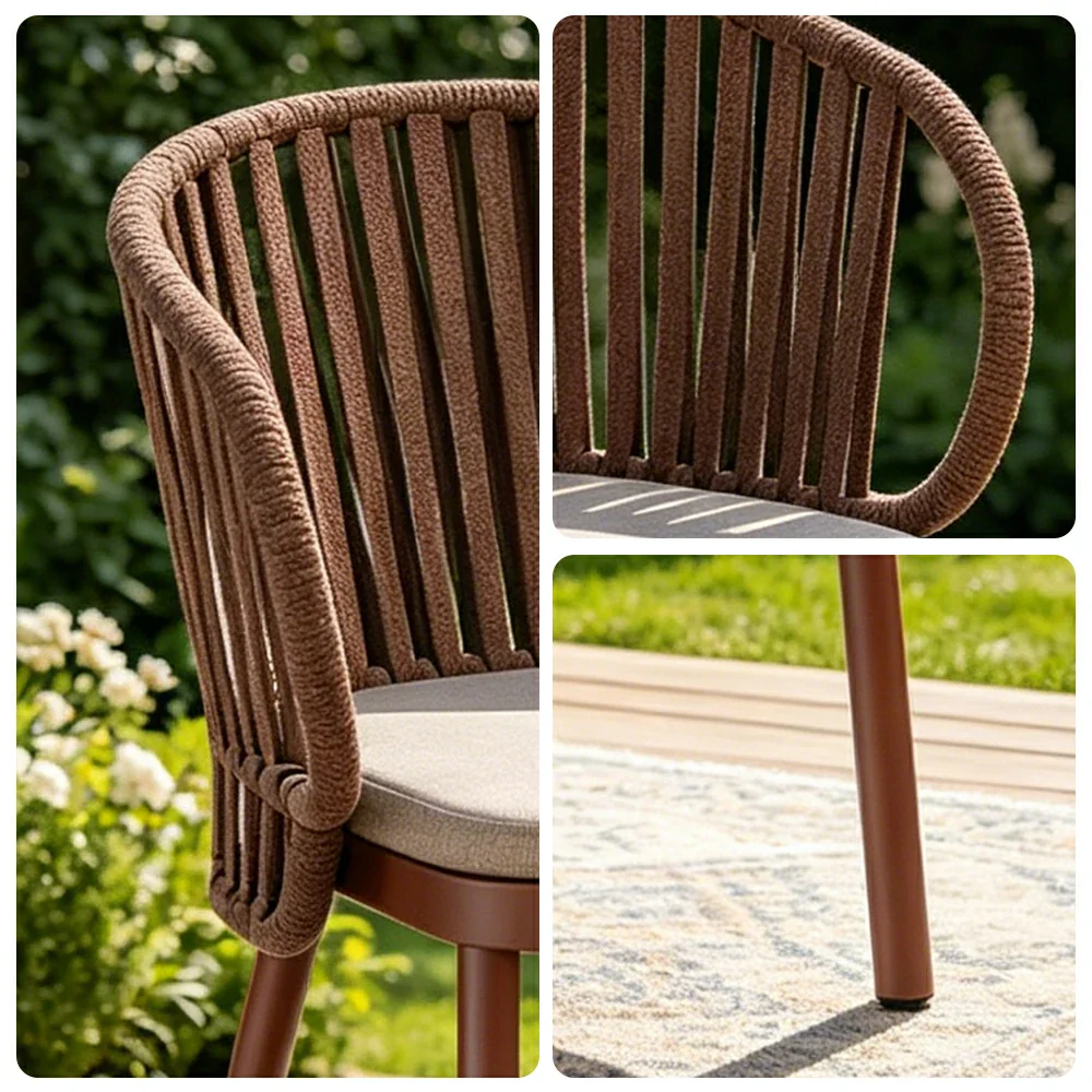 SOLARA Outdoor Rope Dining Chair with Aluminium Frame and Cushioned Seat - Brown - Image 3