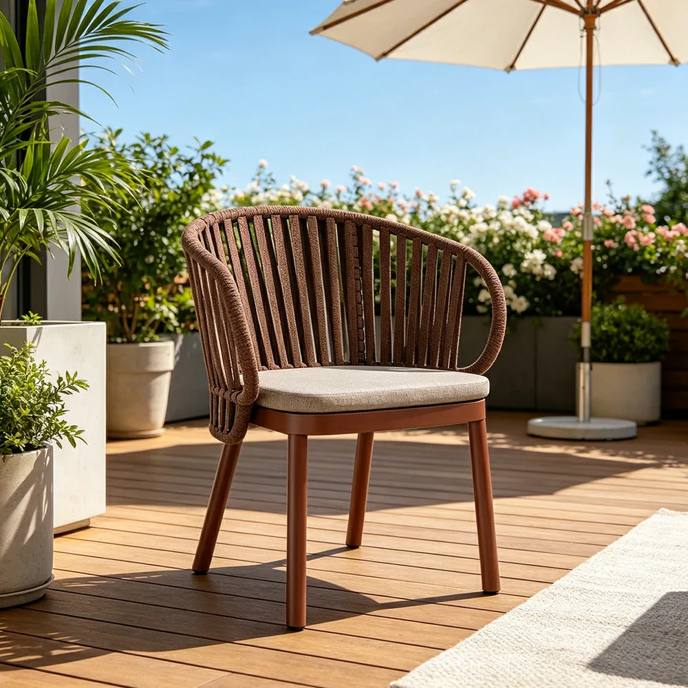 SOLARA Outdoor Rope Dining Chair with Aluminium Frame and Cushioned Seat - Brown - Image 5