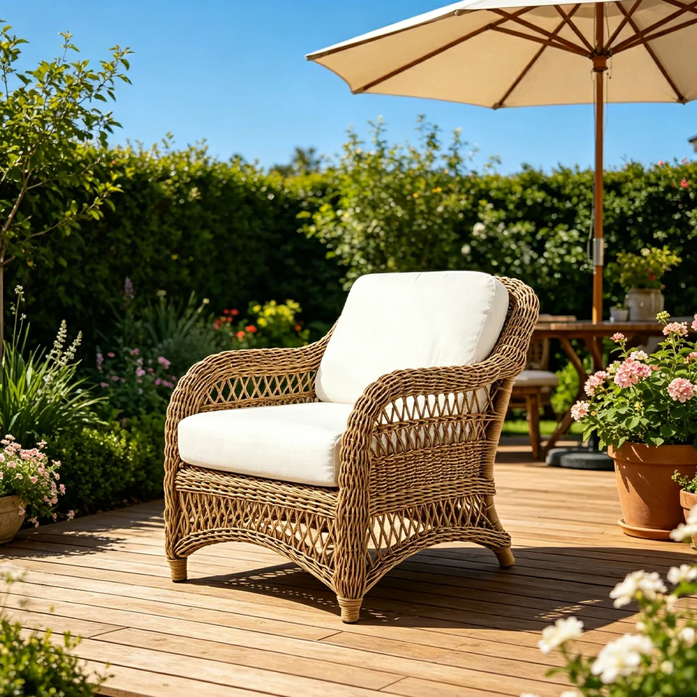 SOLARA Outdoor Rattan Lounge Chair with High-Density Cushioned Seat for Patio Garden - Natural - Image 2