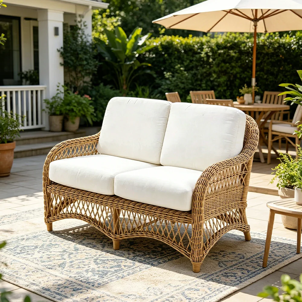SOLARA Outdoor Rattan 2-Seater Sofa with High-Density Cushions for Patio Garden - Natural - Image 4