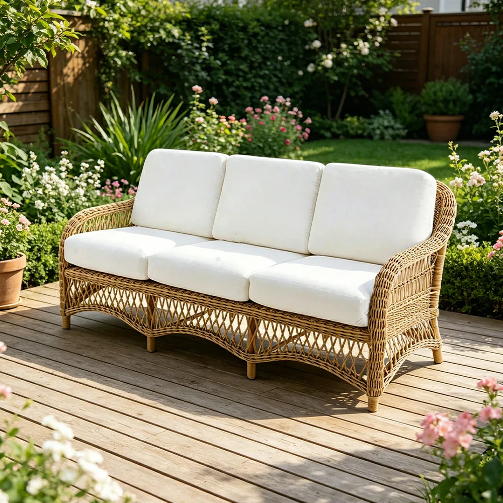 SOLARA Outdoor Rattan 3-Seater Sofa with High-Density Cushions for Patio Garden - Natural - Image 2