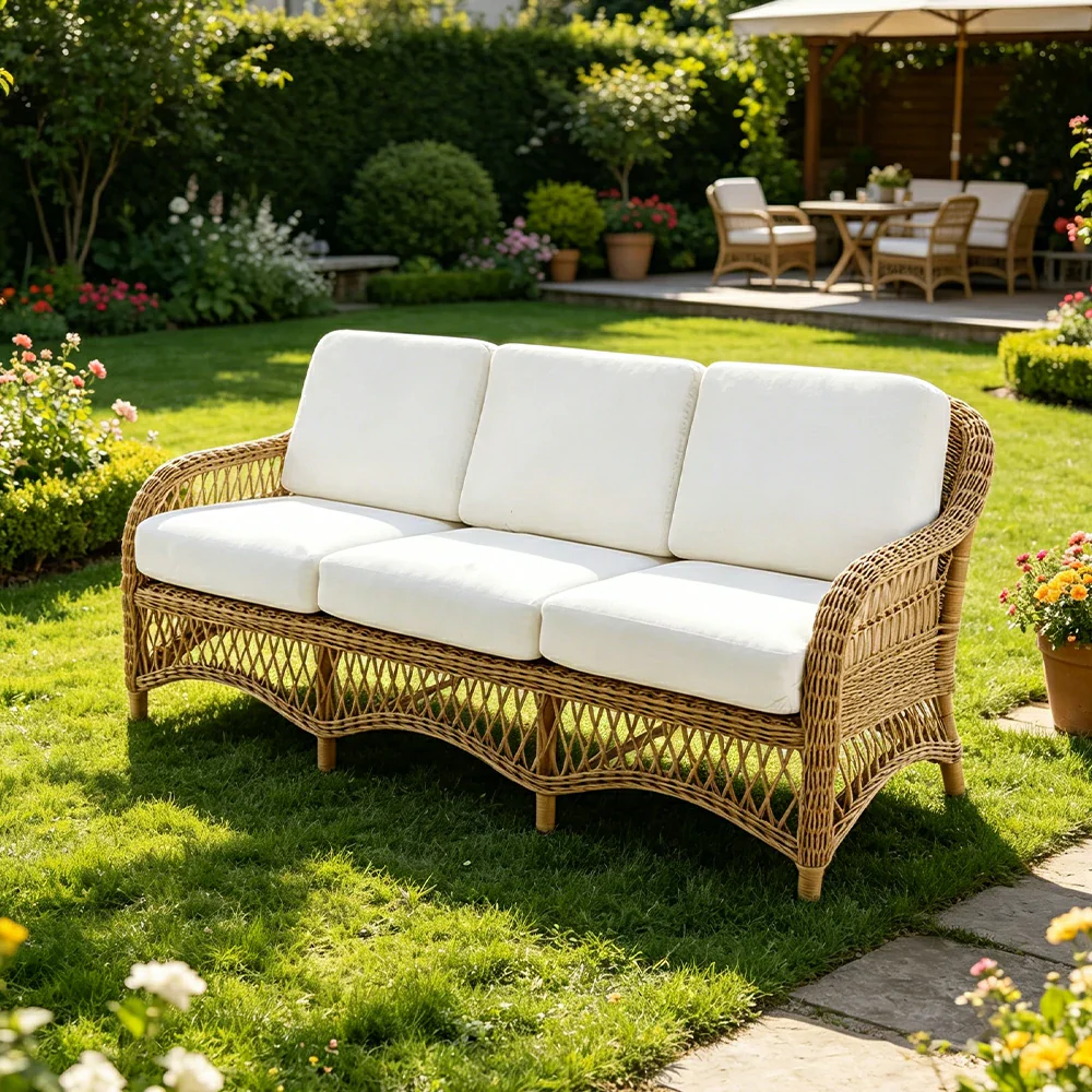 SOLARA Outdoor Rattan 3-Seater Sofa with High-Density Cushions for Patio Garden - Natural - Image 4