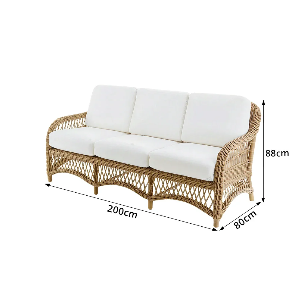 SOLARA Outdoor Rattan 3-Seater Sofa with High-Density Cushions for Patio Garden - Natural - Image 7