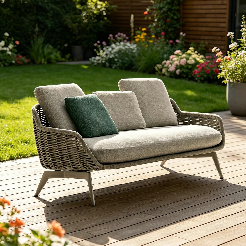 SOLARA Outdoor Rope 2-Seater Sofa with Aluminium Legs and Cushioned Seat for Patio Garden - Light - Image 4
