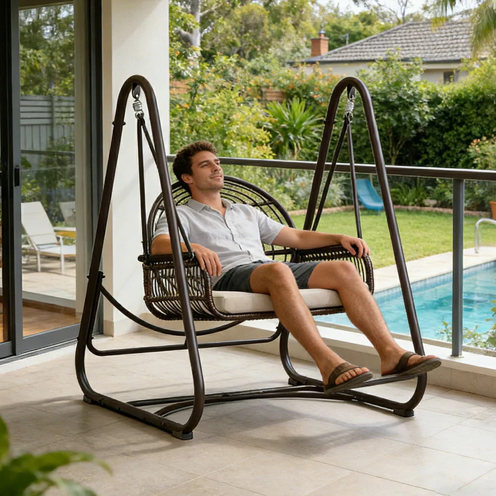 SOLARA Outdoor Rattan Swing Chair PE Wicker Breathable Seat Spring Suspension Steel Frame for Garden Patio Balcony - Black - Image 5