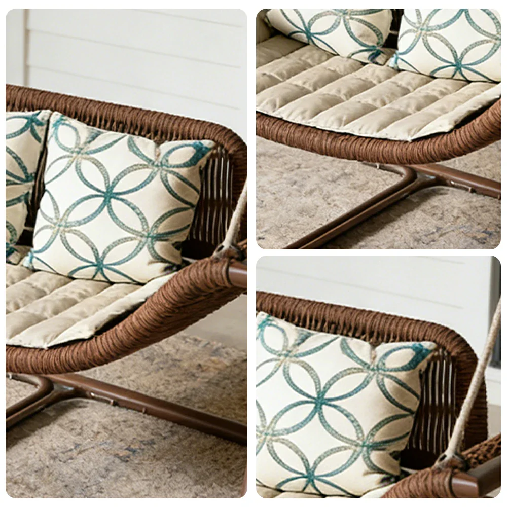 SOLARA Outdoor Hanging Double Swing Chair Wood Grain Aluminium Frame PE Rattan Seat for Garden Patio Balcony - Coffee - Image 3