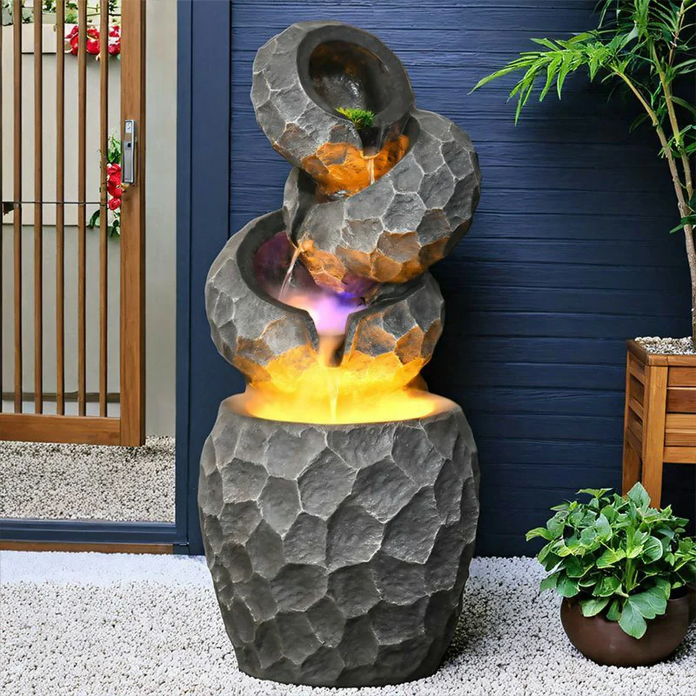 SOLARA Resin Water Fountain - Cascading Waterfall, UV-Resistant, Waterproof, Elegant Lighting, Perfect for Outdoor Decor - Image 2