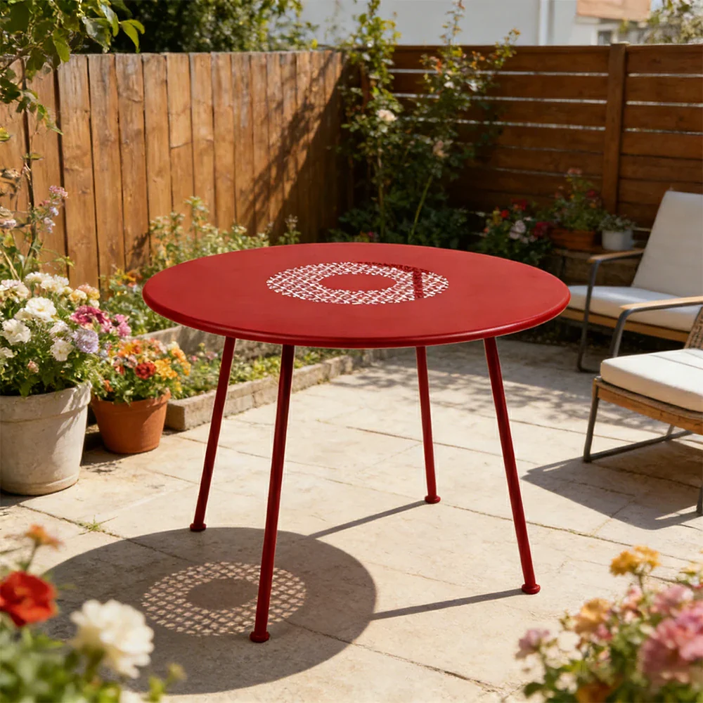 SOLARA Outdoor Round Table Weather-Resistant Rust-Resistant Metal Frame Easy-Clean Design with Rounded Safety Edges - Red - Image 2