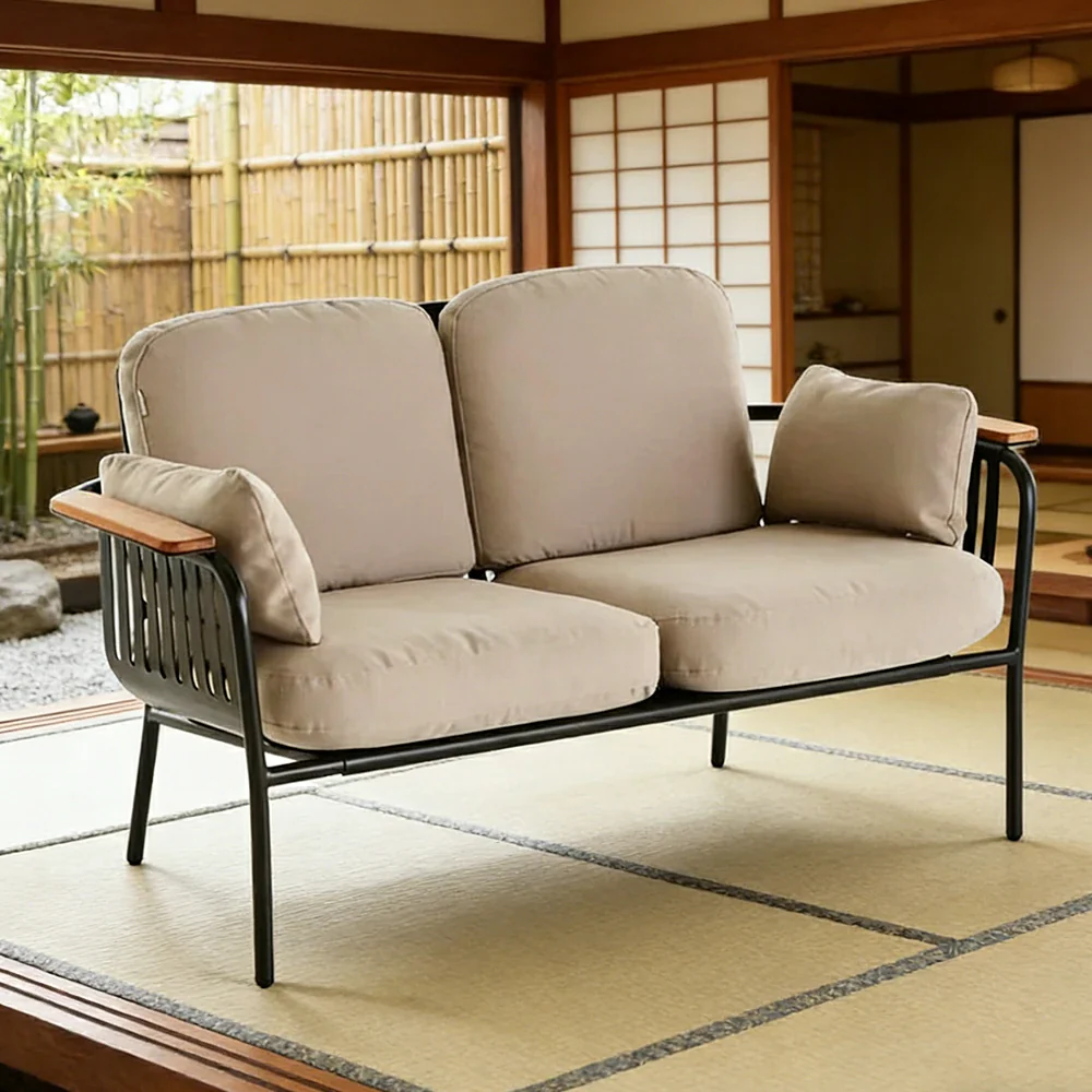 SOLARA Outdoor 2-Seater Sofa - Aluminium Alloy Frame with Teak Armrests, Waterproof UV-Resistant Cushions, Deep Comfort Patio Lounge - Beige - Image 4