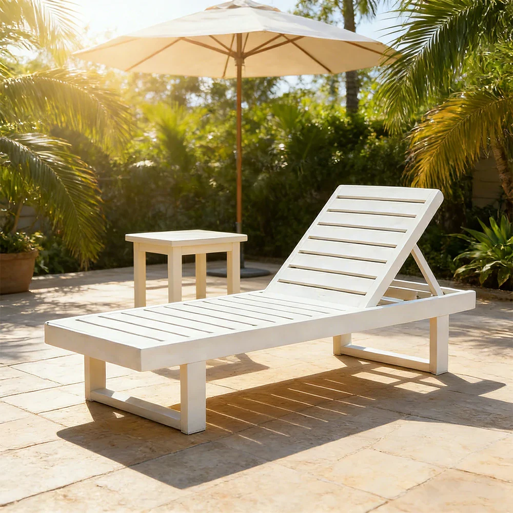 SOLARA Outdoor Reclining Sun Lounger - Multi-Position Adjustable Backrest, Premium Hardwood Construction, Weather-Resistant Finish - White - Image 4