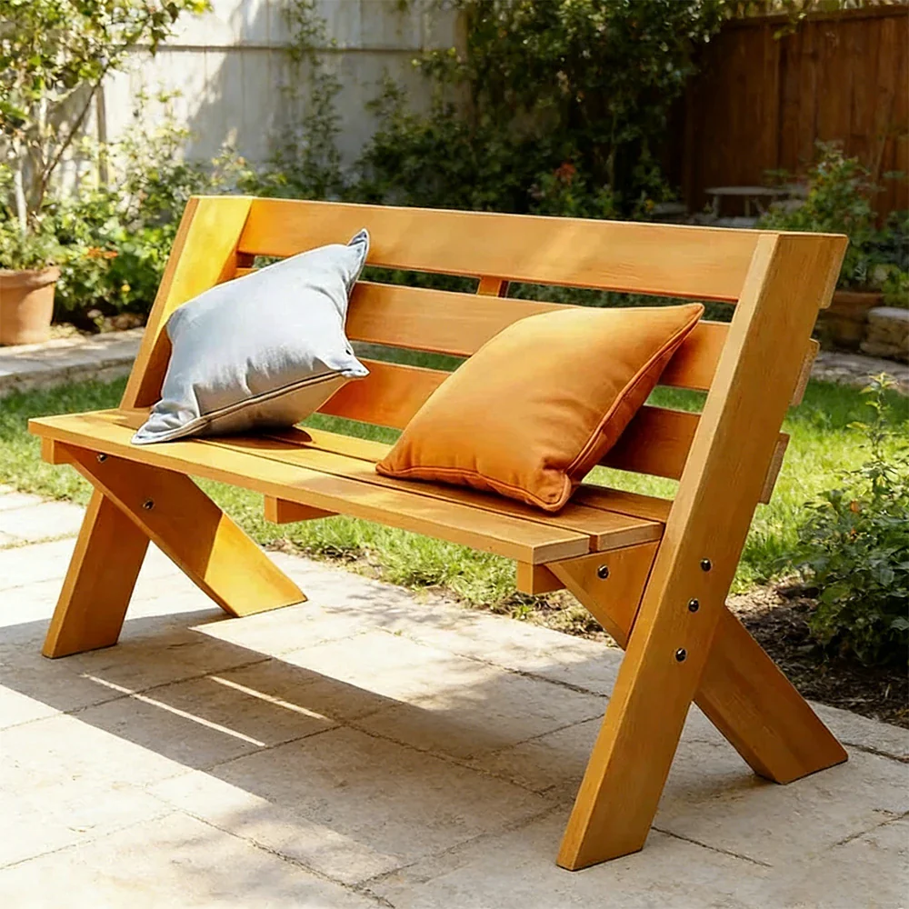 SOLARA 120/150cm Outdoor Two-Seater Bench - Heavy-Duty Solid Hardwood Construction, Reinforced X-Frame Support, Weather-Resistant Finish - Yellow - Image 2