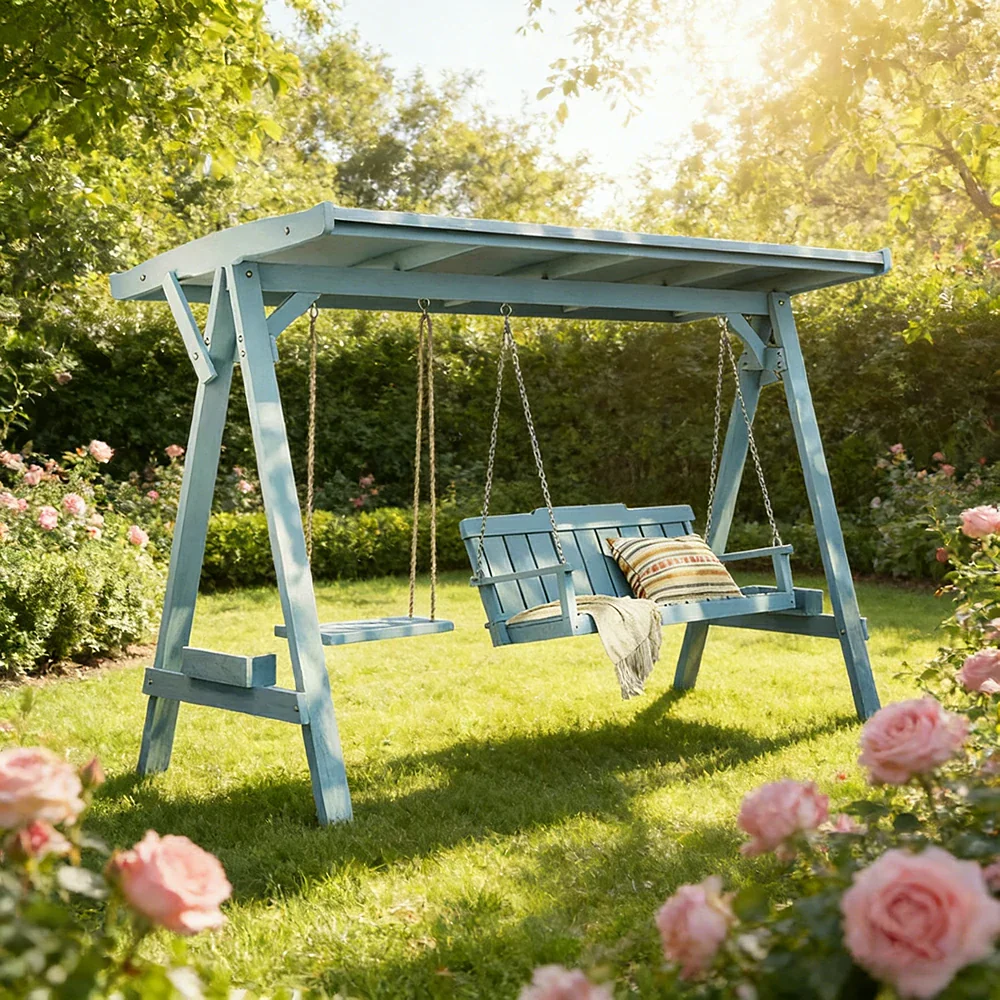 SOLARA Outdoor Swing Chair with Canopy Heavy-Duty Load Support Solid Wood Frame Stainless Steel Hooks - Blue - Image 4
