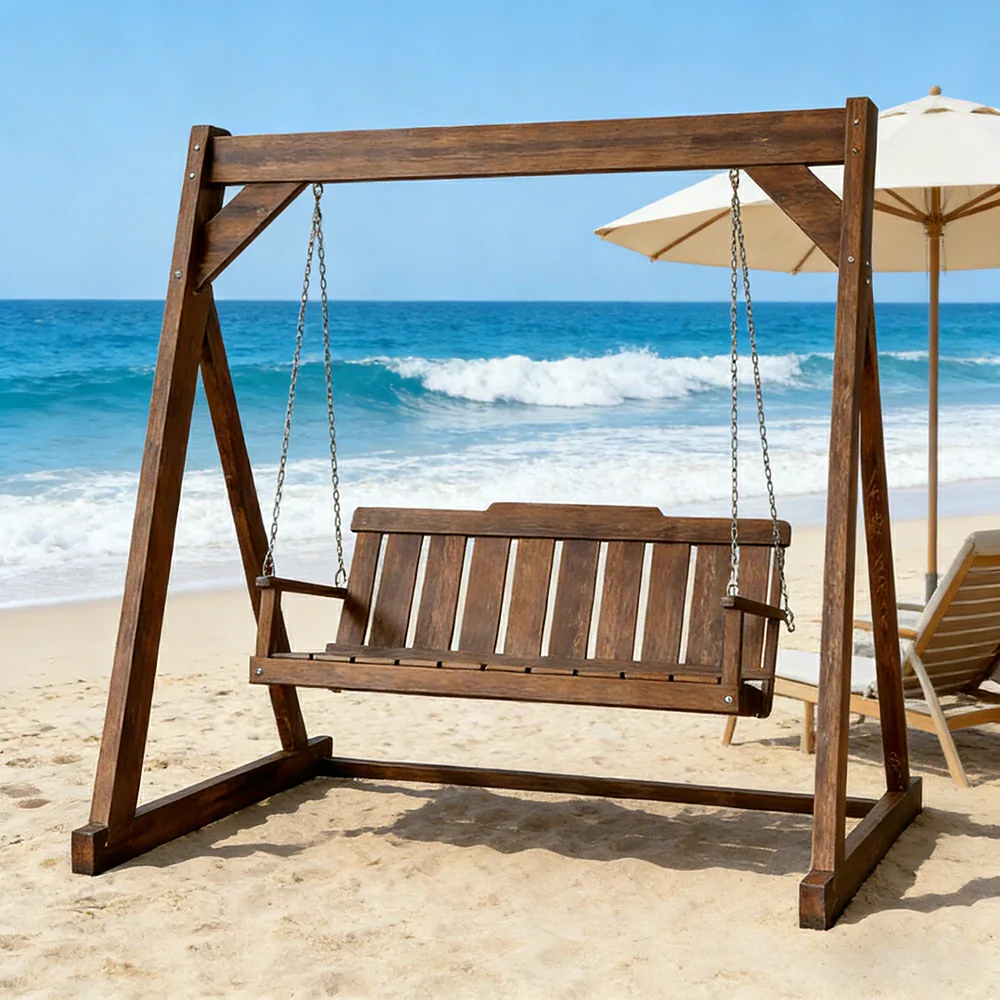 SOLARA Outdoor Swing Chair Reinforced Triangular Frame Solid Wood Structure Stainless Steel Chains - Walnut - Image 4