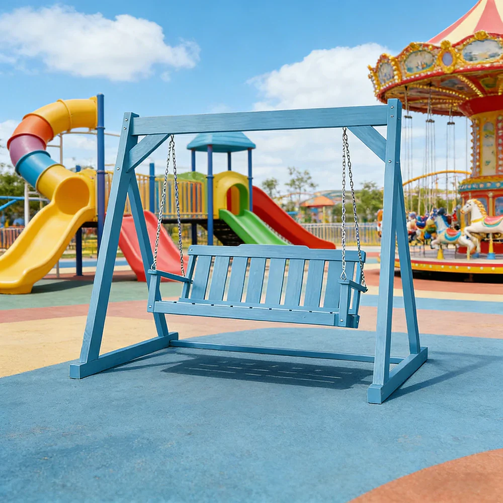 SOLARA Outdoor Swing Chair Reinforced Triangular Frame Solid Wood Structure Stainless Steel Chains - Blue - Image 2