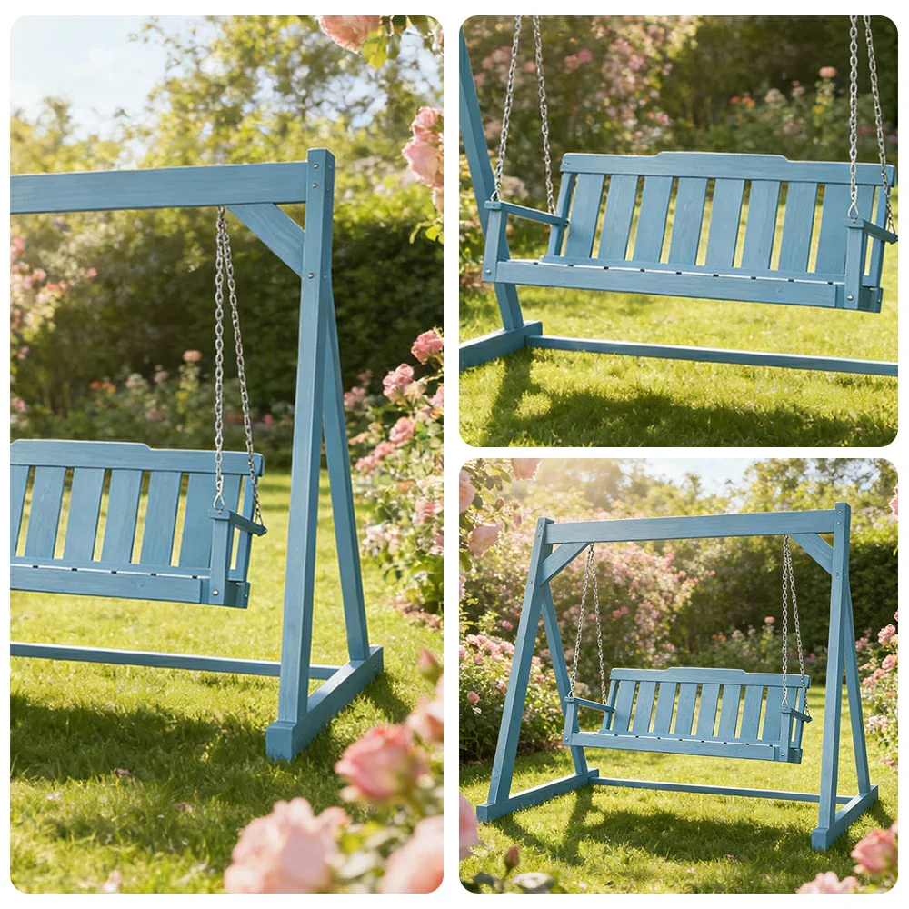 SOLARA Outdoor Swing Chair Reinforced Triangular Frame Solid Wood Structure Stainless Steel Chains - Blue - Image 3