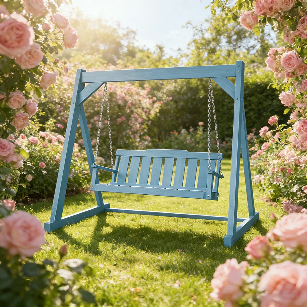 SOLARA Outdoor Swing Chair Reinforced Triangular Frame Solid Wood Structure Stainless Steel Chains - Blue - Image 4