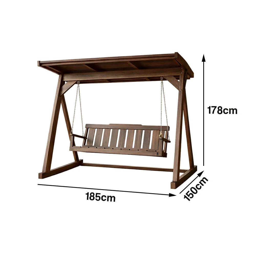 SOLARA Outdoor Swing Chair with Canopy Reinforced Triangular Frame Solid Wood Structure Stainless Steel Chains - Walnut - Image 5