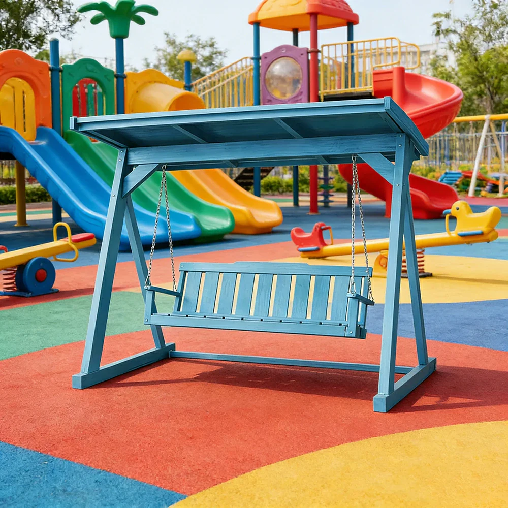 SOLARA Outdoor Swing Chair with Canopy Reinforced Triangular Frame Solid Wood Structure Stainless Steel Chains - Blue - Image 4