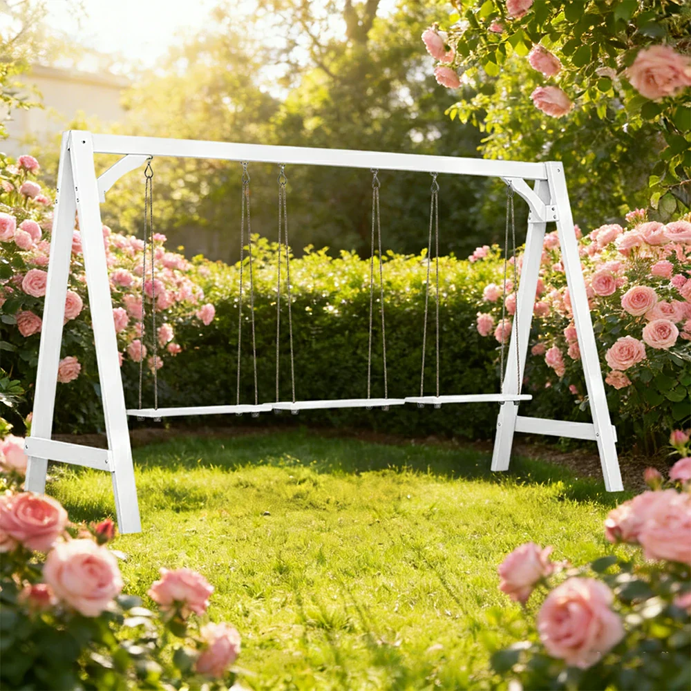 SOLARA 125/212/263cm Outdoor Swing Set Triangular Frame Solid Pine Wood ACQ Treated Heavy-Duty Rope Support - White - Image 14