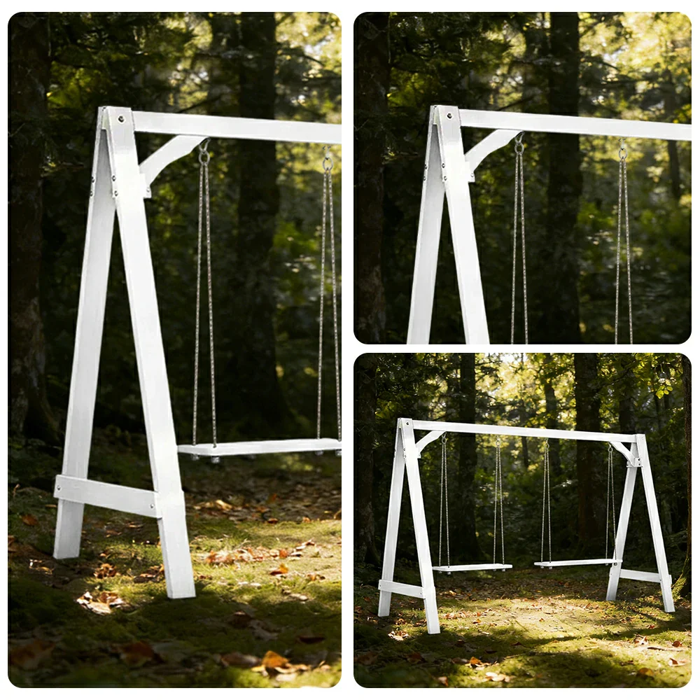 SOLARA 125/212/263cm Outdoor Swing Set Triangular Frame Solid Pine Wood ACQ Treated Heavy-Duty Rope Support - White - Image 8