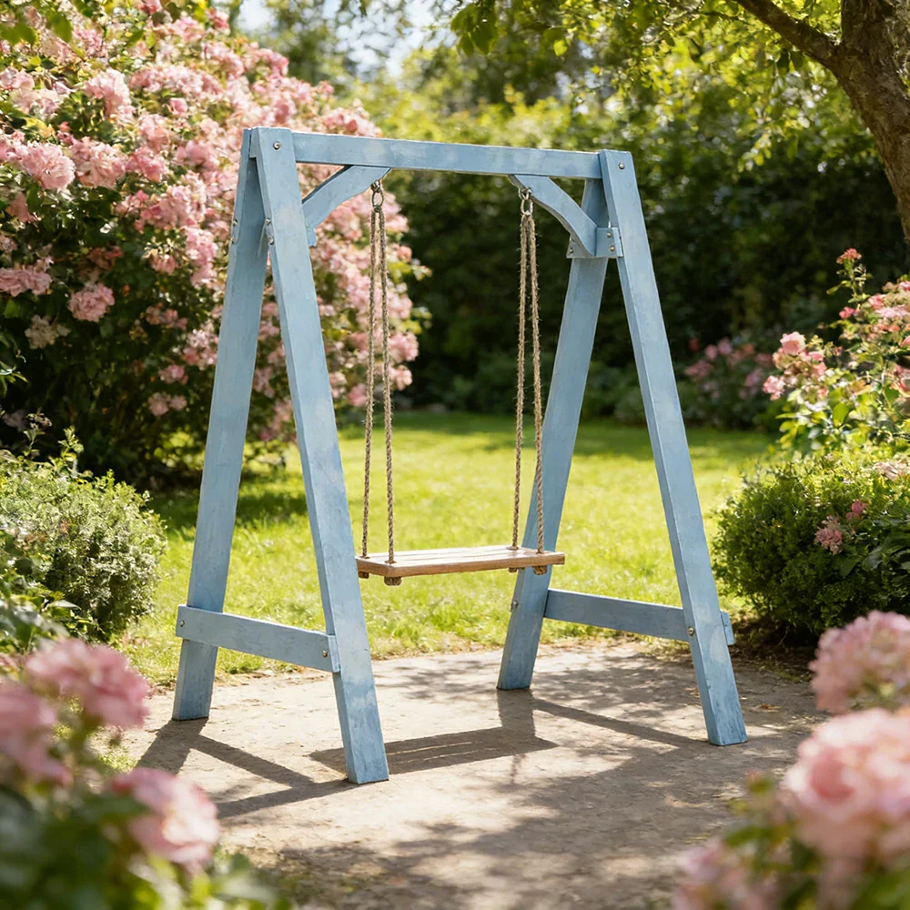 SOLARA 125/212/263cm Outdoor Swing Set Triangular Frame Solid Pine Wood ACQ Treated Heavy-Duty Rope Support - Blue - Image 4