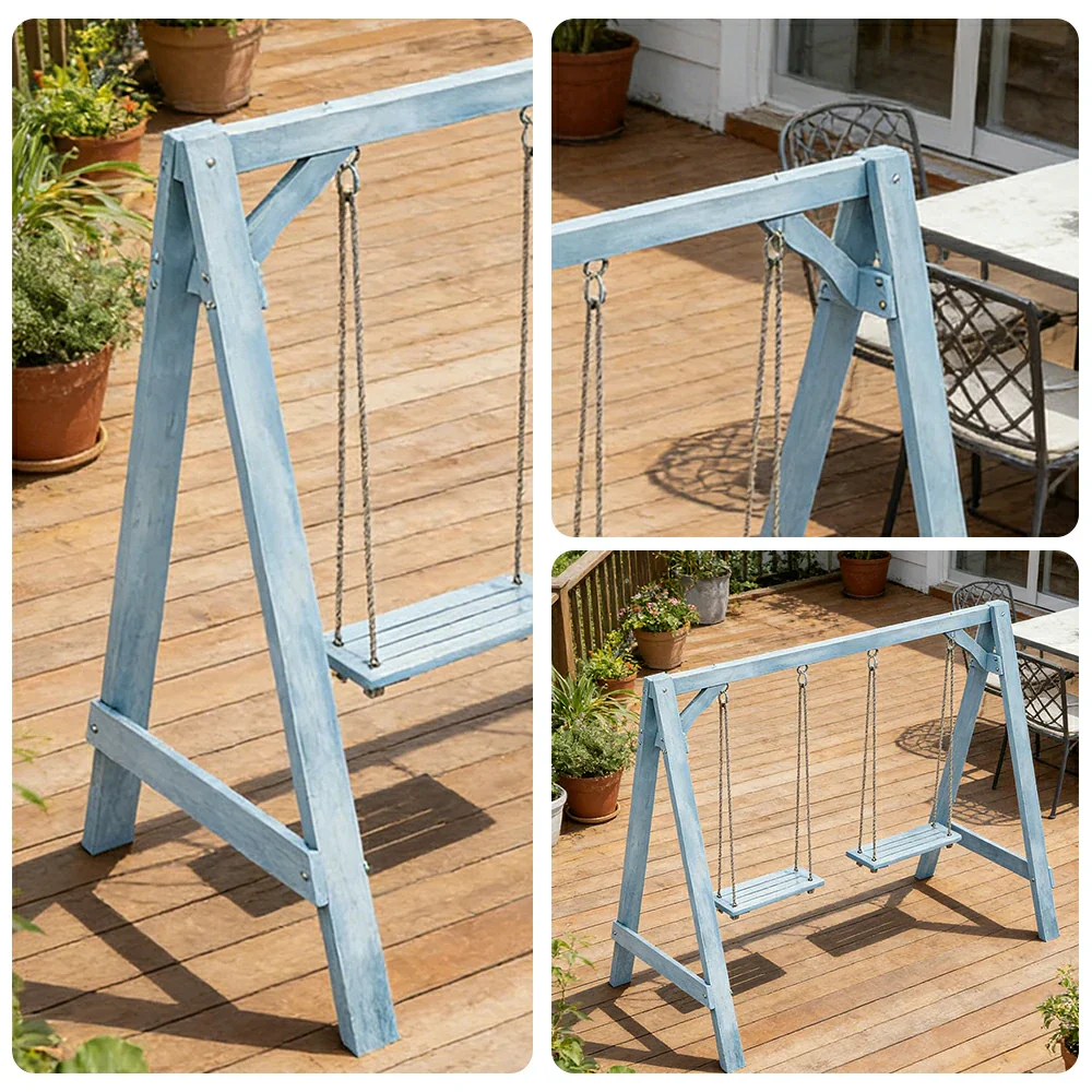 SOLARA 125/212/263cm Outdoor Swing Set Triangular Frame Solid Pine Wood ACQ Treated Heavy-Duty Rope Support - Blue - Image 8