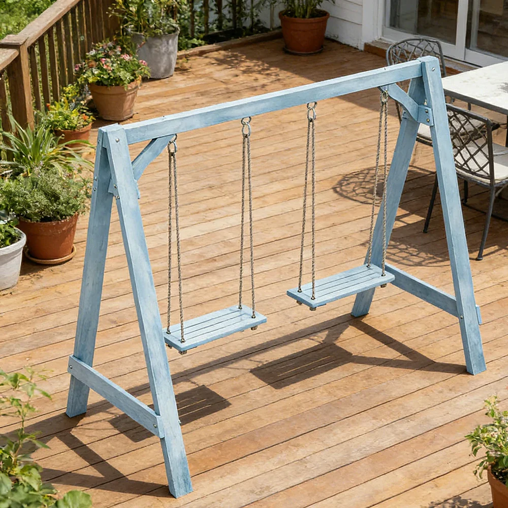 SOLARA 125/212/263cm Outdoor Swing Set Triangular Frame Solid Pine Wood ACQ Treated Heavy-Duty Rope Support - Blue - Image 9