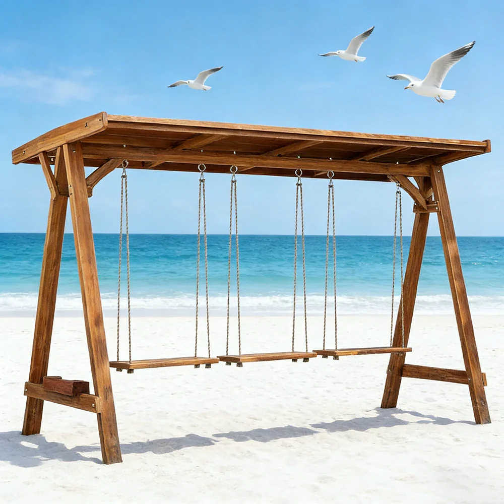 SOLARA 210/273cm Outdoor Swing Set with Canopy Triangular Frame Solid Pine Wood ACQ Treated Heavy-Duty Rope - Brown - Image 7