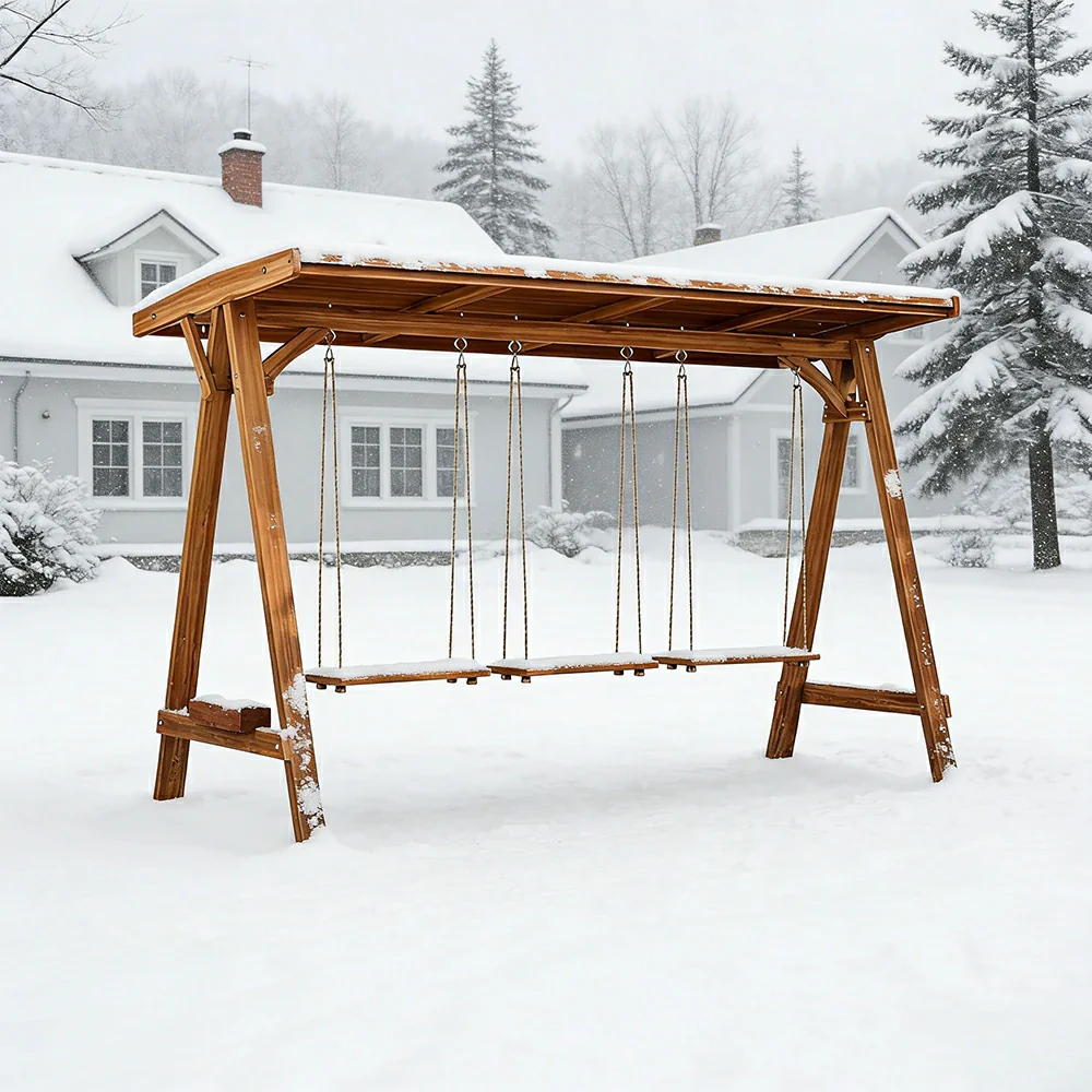 SOLARA 210/273cm Outdoor Swing Set with Canopy Triangular Frame Solid Pine Wood ACQ Treated Heavy-Duty Rope - Brown - Image 9