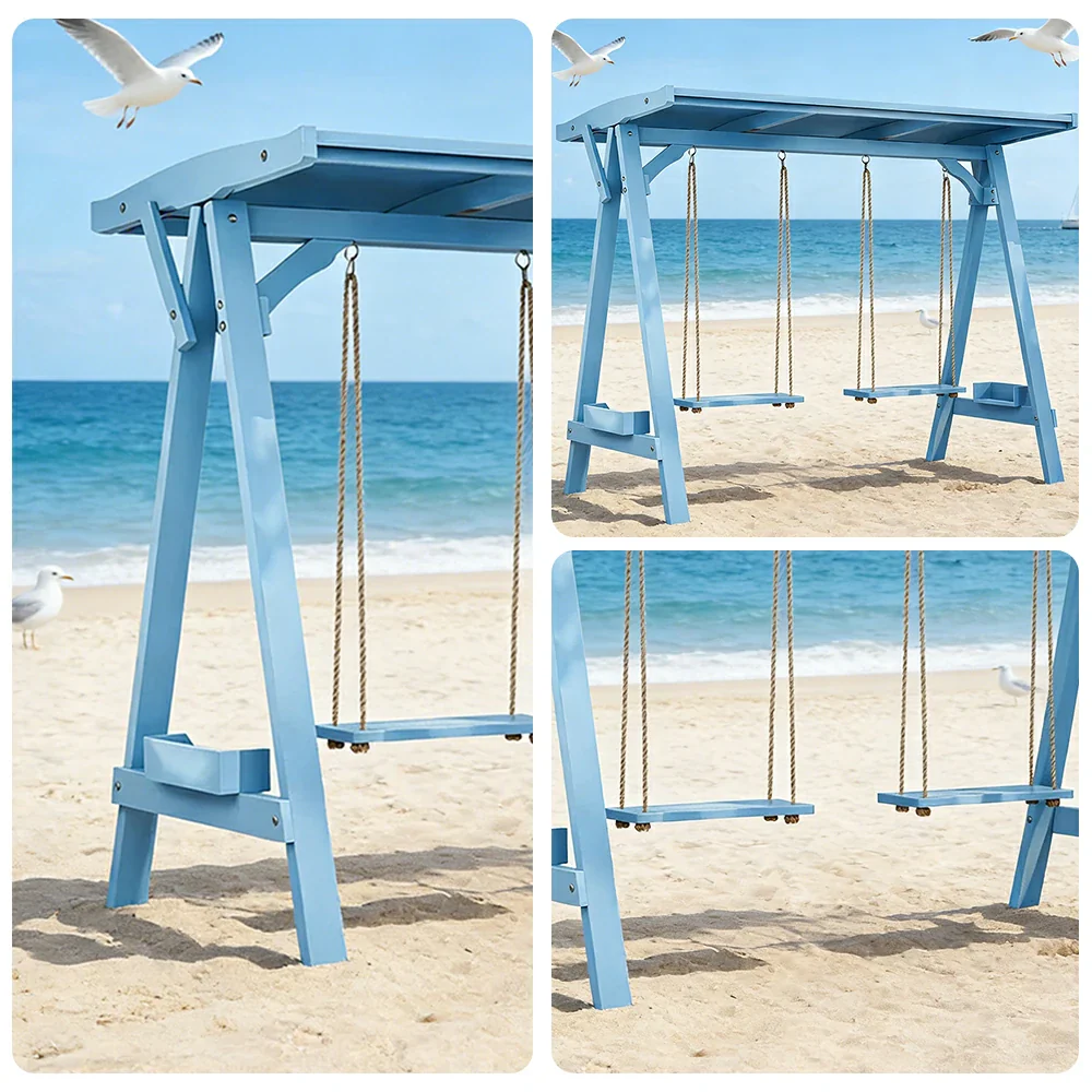 SOLARA 210/273cm Outdoor Swing Set with Canopy Triangular Frame Solid Pine Wood ACQ Treated Heavy-Duty Rope - Blue - Image 3