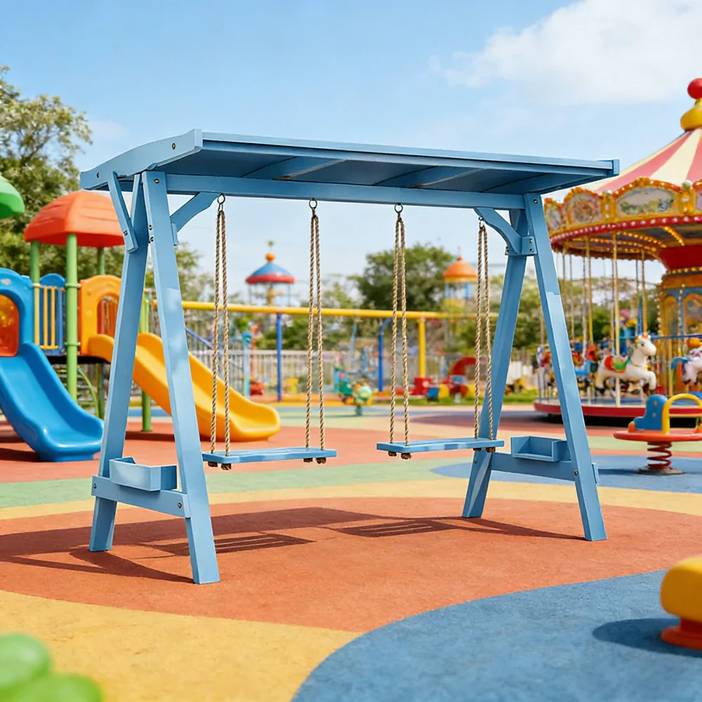 SOLARA 210/273cm Outdoor Swing Set with Canopy Triangular Frame Solid Pine Wood ACQ Treated Heavy-Duty Rope - Blue - Image 4