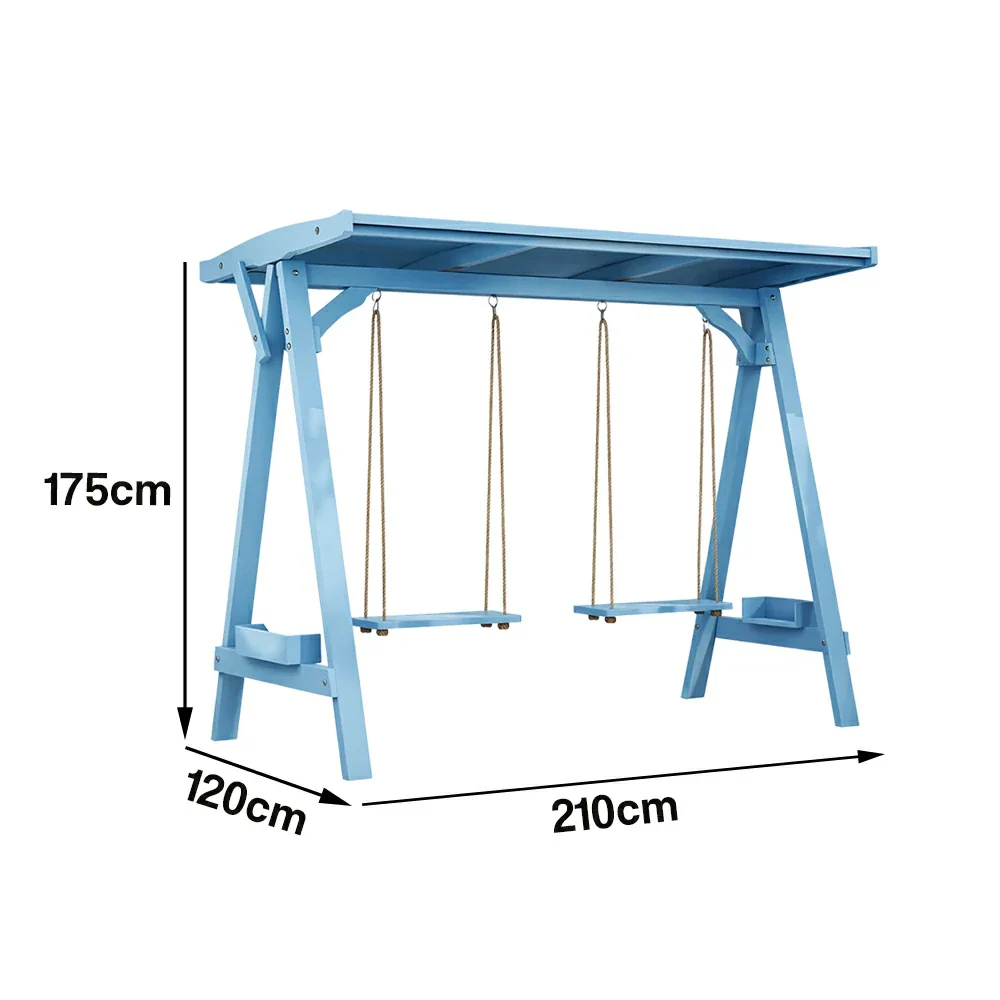 SOLARA 210/273cm Outdoor Swing Set with Canopy Triangular Frame Solid Pine Wood ACQ Treated Heavy-Duty Rope - Blue - Image 5