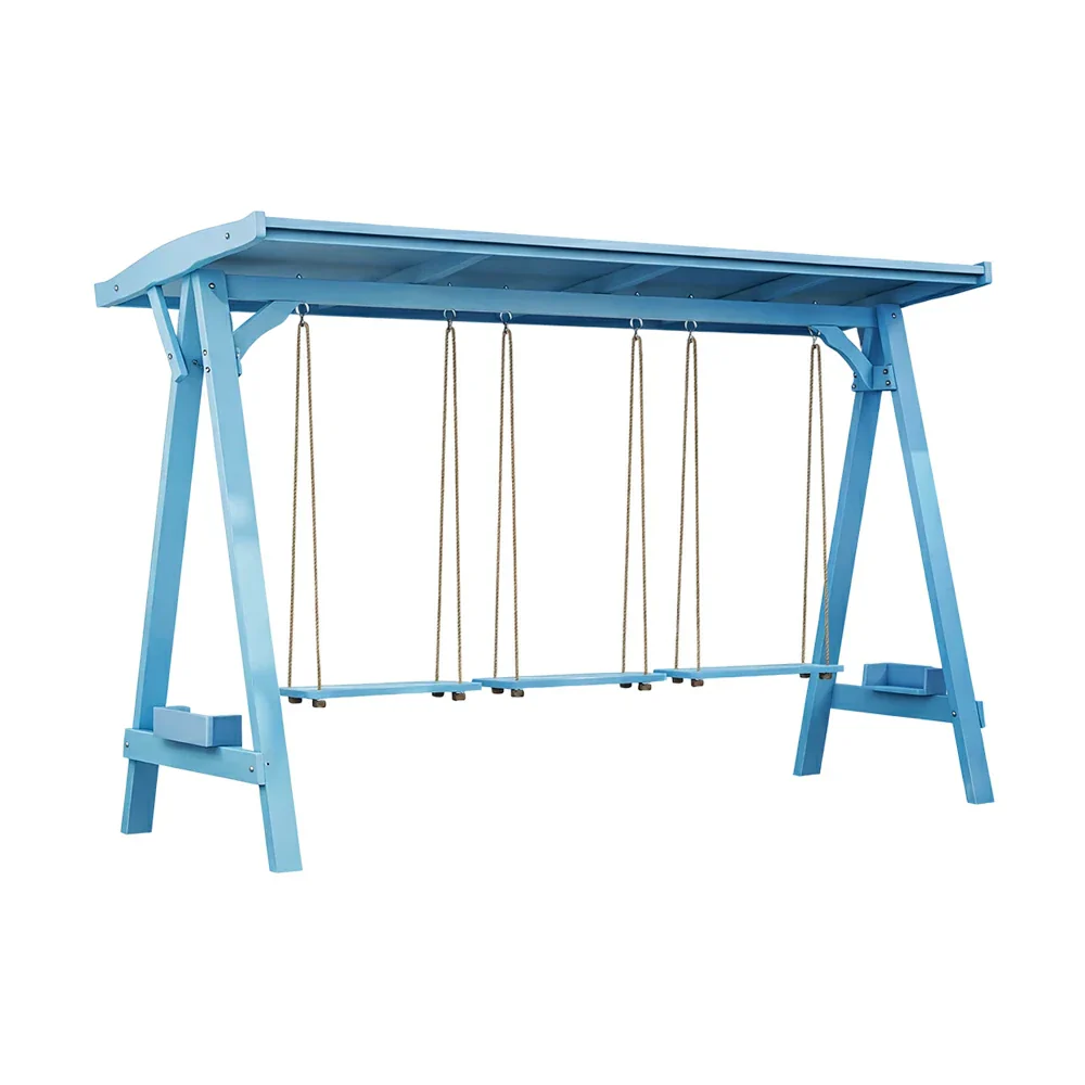 SOLARA 210/273cm Outdoor Swing Set with Canopy Triangular Frame Solid Pine Wood ACQ Treated Heavy-Duty Rope - Blue - Image 6