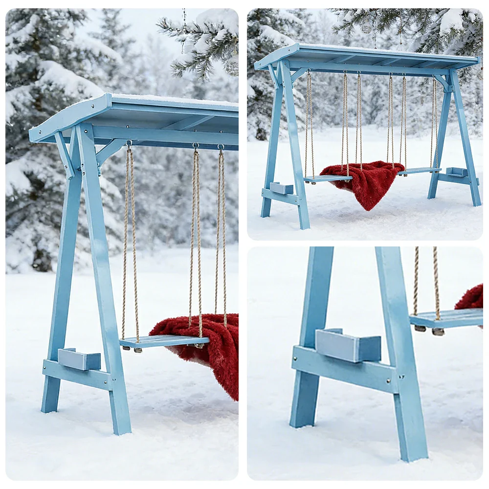 SOLARA 210/273cm Outdoor Swing Set with Canopy Triangular Frame Solid Pine Wood ACQ Treated Heavy-Duty Rope - Blue - Image 8
