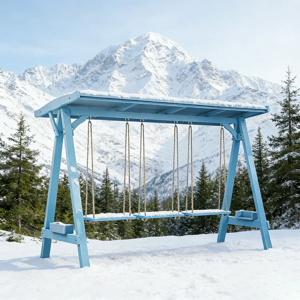 SOLARA 210/273cm Outdoor Swing Set with Canopy Triangular Frame Solid Pine Wood ACQ Treated Heavy-Duty Rope - Blue - Image 9